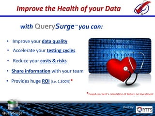 36
© 2015 Real-Time Technology Solutions, Inc.
SQL
(source)
SQL
(target)
SQL
(source)
SQL
(target)
Legacy DB
CRM/ERP
DB
Finance DB
Testing the Data Warehouse:
Specialized Data Warehouse Test Tool
QuerySurge™
 