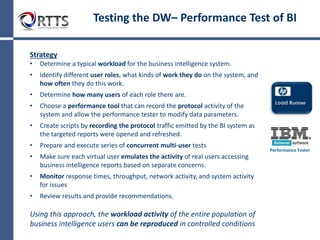 Testing the DWH: Functional Test of BI
Functional Testing of BI
1. BI Developer creates reports based on Business user
requirements
2. Testers verify reports by:
• Running reports using a range of parameter permutations.
• Verify that data is correct
o Record counts on report to backend data mart
o Verify field data elements
o Verify field lengths and field level data
o Verify logical dependencies
Functional Tester
Automation tools can and should be used for regression purposes.
 