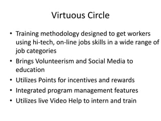 Virtuous Circle
• Training methodology designed to get workers
using hi-tech, on-line jobs skills in a wide range of
job categories
• Brings Volunteerism and Social Media to
education
• Utilizes Points for incentives and rewards
• Integrated program management features
• Utilizes live Video Help to intern and train
 