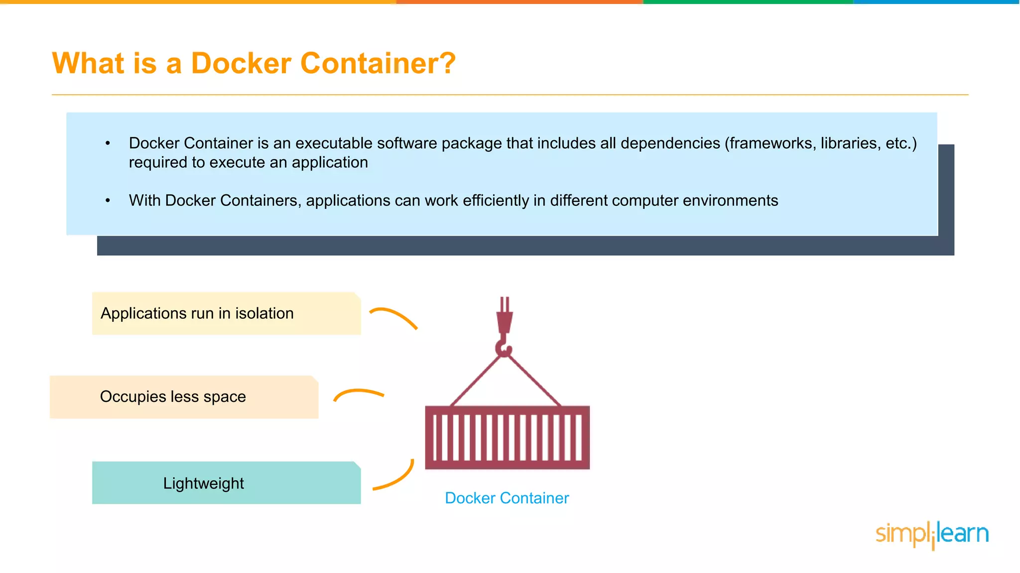 What is a Docker Container? • Docker Container is an executable software package that includes all dependencies (frameworks, libraries, etc.) required to execute an application • With Docker Containers, applications can work efficiently in different computer environments Applications run in isolation Lightweight Occupies less space Docker Container 