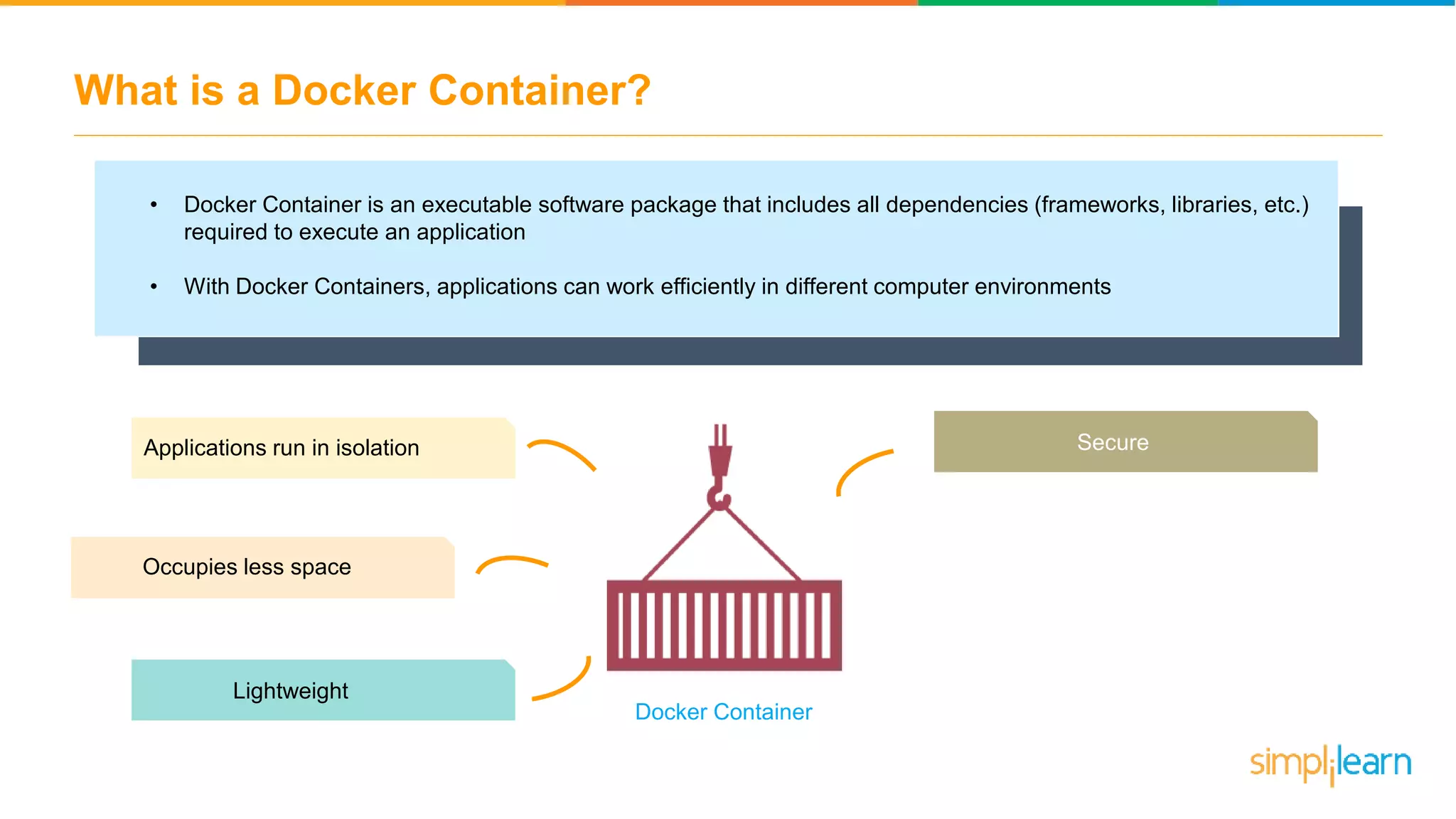 What is a Docker Container? • Docker Container is an executable software package that includes all dependencies (frameworks, libraries, etc.) required to execute an application • With Docker Containers, applications can work efficiently in different computer environments Applications run in isolation Lightweight Secure Occupies less space Docker Container 