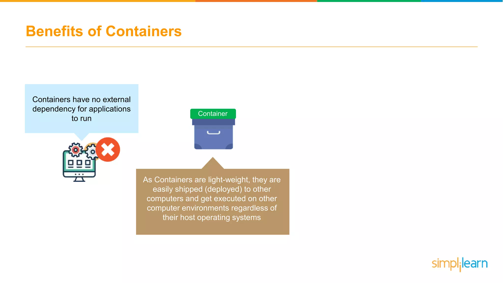 Benefits of Containers Container Containers have no external dependency for applications to run As Containers are light-weight, they are easily shipped (deployed) to other computers and get executed on other computer environments regardless of their host operating systems 