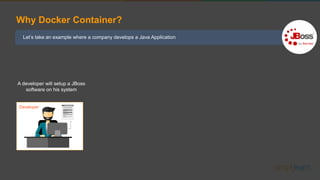 Let’s take an example where a company develops a Java Application
Why Docker Container?
A developer will setup a JBoss
software on his system
Developer
 