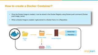 How to create a Docker Container?
Docker
File
Docker
Container
Docker Image
Docker Registry
Docker Hub
Repository
• Once the Docker Image is created, it can be stored in the Docker Registry using Docker push command (Docker
push image_name)
• When a Docker Image is created, it gets stored in a Docker Hub or in a Repository
 