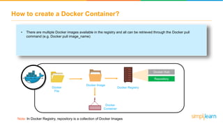 How to create a Docker Container?
Docker
File
Docker
Container
Docker Image
Docker Hub
Repository
Docker Registry
• There are multiple Docker images available in the registry and all can be retrieved through the Docker pull
command (e.g. Docker pull image_name)
Note: In Docker Registry, repository is a collection of Docker Images
 