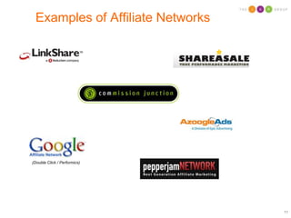 What is An Affiliate Network?An Affiliate Network is a third party that acts as liaison between Affiliates and MerchantsAllows Affiliates to find Merchants which are suitable for their siteAllows Merchants to find Affiliate sites that expands reach to their target audience Services include tracking technology, reporting tools, payment aggregation and processingProvides a creative bank or repository for storing and accessing creative assetsIs no cost for an Affiliate to join