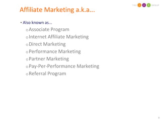 Affiliate Marketing a.k.a...Also known as...Associate ProgramInternet Affiliate MarketingDirect MarketingPerformance MarketingPartner MarketingPay-Per-Performance MarketingReferral Program