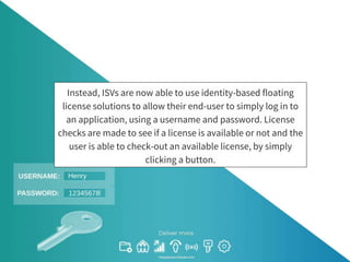 Instead, ISVs are now able to use identity-based floating
license solutions to allow their end-user to simply log in to
an application, using a username and password. License
checks are made to see if a license is available or not and the
user is able to check-out an available license, by simply
clicking a button.
 