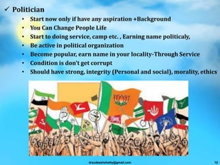  Politician
• Start now only if have any aspiration +Background
• You Can Change People Life
• Start to doing service, camp etc. , Earning name politicaly,
• Be active in political organization
• Become popular, earn name in your locality-Through Service
• Condition is don’t get corrupt
• Should have strong, integrity (Personal and social), morality, ethics
drsudeeshshetty@gmail.com 12
 