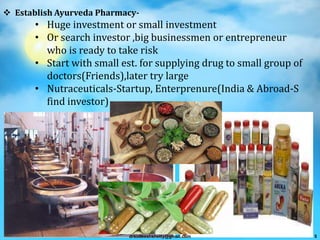  Establish Ayurveda Pharmacy-
• Huge investment or small investment
• Or search investor ,big businessmen or entrepreneur
who is ready to take risk
• Start with small est. for supplying drug to small group of
doctors(Friends),later try large
• Nutraceuticals-Startup, Enterprenure(India & Abroad-S
find investor)
drsudeeshshetty@gmail.com 5
 