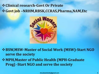 Clinical research-Govt Or Private
Govt job –NRHM,RBSK,CCRAS,Pharma,NAM,Etc
BSW,MSW-Master of Social Work (MSW)-Start NGO
serve the society
MPH,Master of Public Health (MPH-Graduate
Prog) -Start NGO and serve the society
drsudeeshshetty@gmail.com 9
 