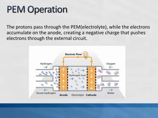 The protons pass through the PEM(electrolyte), while the electrons
accumulate on the anode, creating a negative charge that pushes
electrons through the external circuit.
 
