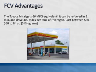 The Toyota Mirai gets 66 MPG equivalent! It can be refueled in 5
min. and drive 300 miles per tank of Hydrogen. Cost between $30-
$50 to fill up (5 Kilograms)
 
