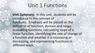 Unit 1 Functions
Unit Summary: In this unit, students will be
introduced to the concept of
functions. Emphasis will be placed on the
definition of function, domain and range,
evaluating functions, calculating slope of a
linear function, identifying the rate of change of
a function and whether it is increasing or
decreasing, and representing functions in
different ways.
 