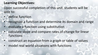 Learning Objectives:
Upon successful completion of this unit, students will be
able to:
• define function
• recognize a function and determine its domain and range
• evaluate a function using substitution
• calculate slope and compare rates of change for linear
functions
• construct an equation from a graph or table of values
• model real world situations with functions
 