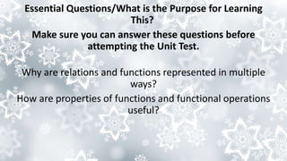 Essential Questions/What is the Purpose for Learning
This?
Make sure you can answer these questions before
attempting the Unit Test.
Why are relations and functions represented in multiple
ways?
How are properties of functions and functional operations
useful?
 