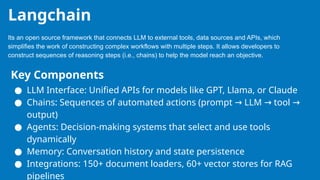 Its an open source framework that connects LLM to external tools, data sources and APIs, which
simplifies the work of constructing complex workflows with multiple steps. It allows developers to
construct sequences of reasoning steps (i.e., chains) to help the model reach an objective.
Langchain
Key Components
● LLM Interface: Unified APIs for models like GPT, Llama, or Claude
● Chains: Sequences of automated actions (prompt LLM tool
→ → →
output)
● Agents: Decision-making systems that select and use tools
dynamically
● Memory: Conversation history and state persistence
● Integrations: 150+ document loaders, 60+ vector stores for RAG
pipelines
 