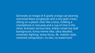 Generate an image of A goofy orange cat wearing
oversized black sunglasses and a tiny gold crown,
sitting on a plastic chair like a boss, holding a
smartphone in one paw and a cup of chai in the
other, dramatic serious face, Indian street tea stall
background, funny meme vibe, ultra detailed,
cinematic lighting, sharp focus, 4k, realistic style,
centered composition, no text, no watermark
 