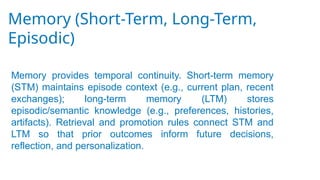 Memory (Short-Term, Long-Term,
Episodic)
Memory provides temporal continuity. Short-term memory
(STM) maintains episode context (e.g., current plan, recent
exchanges); long-term memory (LTM) stores
episodic/semantic knowledge (e.g., preferences, histories,
artifacts). Retrieval and promotion rules connect STM and
LTM so that prior outcomes inform future decisions,
reflection, and personalization.
 
