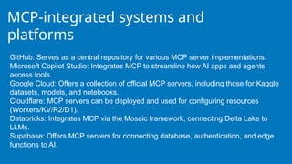 MCP-integrated systems and
platforms
GitHub: Serves as a central repository for various MCP server implementations.
Microsoft Copilot Studio: Integrates MCP to streamline how AI apps and agents
access tools.
Google Cloud: Offers a collection of official MCP servers, including those for Kaggle
datasets, models, and notebooks.
Cloudflare: MCP servers can be deployed and used for configuring resources
(Workers/KV/R2/D1).
Databricks: Integrates MCP via the Mosaic framework, connecting Delta Lake to
LLMs.
Supabase: Offers MCP servers for connecting database, authentication, and edge
functions to AI.
 