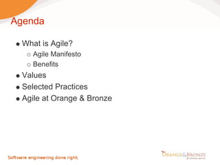 Agenda

  What is Agile?
     Agile Manifesto
     Benefits
  Values
  Selected Practices
  Agile at Orange & Bronze
 