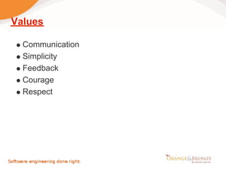 Values

  Communication
  Simplicity
  Feedback
  Courage
  Respect
 