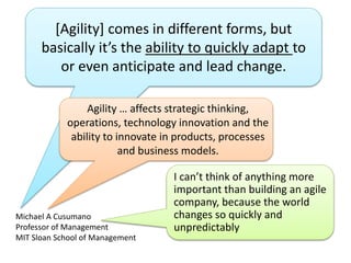 Agile Advantage
1. Agile increases return on investment
2. Agile reduces risk
3. Agile creates options
 
