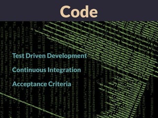 Code
Test Driven Development
Continuous Integration
Acceptance Criteria
 