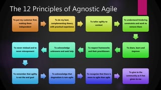 The 12 Principles of Agnostic Agile
To put my customer first,
making them
independent
To do my best,
complementing theory
with practical experience
To tailor agility to
context
To understand hindering
constraints and work to
remove them
To share, learn and
improve
To respect frameworks
and their practitioners
To acknowledge
unknowns and seek help
To never mislead and to
never misrepresent
To remember that agility
is not the end goal
To acknowledge that
dogmatism is non-agile
To recognize that there is
more to agile than agile
To give to the
community as it has
given to me
 