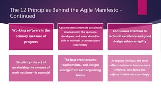 The 12 Principles Behind the Agile Manifesto -
Continued
Working software is the
primary measure of
progress
Agile process...