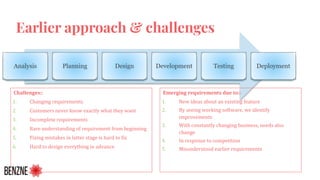 Earlier approach & challenges
Analysis Planning Design Development Testing Deployment
Challenges::
1. Changing requirements
2. Customers never know exactly what they want
3. Incomplete requirements
4. Rare understanding of requirement from beginning
5. Fixing mistakes in latter stage is hard to fix
6. Hard to design everything in advance
Emerging requirements due to::
1. New ideas about an existing feature
2. By seeing working software, we identify
improvements
3. With constantly changing business, needs also
change
4. In response to competition
5. Misunderstood earlier requirements
 