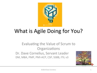 What 
is 
Agile 
Doing 
for 
You? 
Evalua6ng 
the 
Value 
of 
Scrum 
to 
Organiza6ons 
Dr. 
Dave 
Cornelius, 
Servant 
Leader 
DM, 
MBA, 
PMP, 
PMI-­‐ACP, 
CSP, 
SSBB, 
ITIL 
v3 
©2014 
Dave 
Cornelius 
1 
 