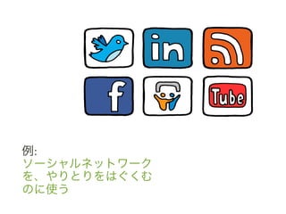 例:	
 &nbsp;
ソーシャルネットワーク
を、やりとりをはぐくむ
のに使う	
 &nbsp;
 