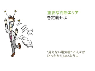 重要な判断エリア	
 &nbsp;
を定義せよ	
 &nbsp;




&ldquo;見えない電気柵&rdquo;	
 &nbsp;に人々が
ひっかからないように	
 &nbsp;
 