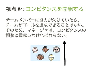 視点	
 &nbsp;#4:	
 &nbsp;コンピタンスを開発する	
 &nbsp;
チームメンバーに能力が欠けていたら、
チームがゴールを達成できることはない。
そのため、マネージャは、コンピタンスの
開発に貢献しなければならない。	
 &nbsp;
 