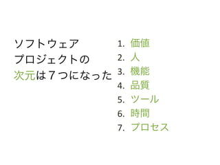 ソフトウェア	
 &nbsp;    1. 	
 &nbsp;価値	
 &nbsp;
プロジェクトの	
 &nbsp;   2. 	
 &nbsp;人	
 &nbsp;
次元は７つになった	
 &nbsp; 3. 	
 &nbsp;機能	
 &nbsp;
                    4.   	
 &nbsp;品質	
 &nbsp;
                    5.   	
 &nbsp;ツール	
 &nbsp;
                    6.   	
 &nbsp;時間	
 &nbsp;
                    7.   	
 &nbsp;プロセス	
 &nbsp;
 