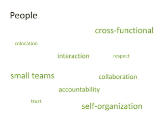 People
interaction
collaborationsmall teams
cross-functional
colocation
self-organization
trust
accountability
respect
 