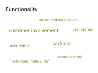 Functionality
customer involvement
backlogs
user stories
acceptance criteria
minimal marketable features
user demos
“inch-deep, mile-wide”
 