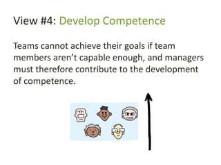 View #4: Develop Competence
Teams cannot achieve their goals if team
members aren’t capable enough, and managers
must therefore contribute to the development
of competence.
 