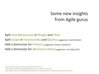 Split Cost (Resources) in People and Tools
Split Scope in Functionality and Quality (suggestion: Scott Ambler)
Add a dimension for Process (suggestion: Alistair Cockburn)
Add a dimension for (Business) Value (suggestion: Jim Highsmith)
http://www.ambysoft.com/essays/brokenTriangle.html
http://alistair.cockburn.us/index.php/Process:_the_fourth_dimension
http://blog.cutter.com/2009/08/10/beyond-scope-schedule-and-cost-measuring-agile-performance/
Some new insights
from Agile gurus
 