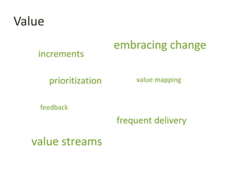 Value
embracing change
feedback
frequent delivery
value streams
value mappingprioritization
increments
 