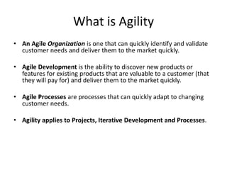 Project versus a Process
• Projects – Have never done this before.
• A Project has been defined as a set of interrelated tasks to be executed
over a fixed period and within certain cost and other limitations. In other
words, a sequence of activities that have a beginning and an end. Projects
create change. Projects are where innovation takes place.
• Processes – Do the same thing repeatedly.
• An Process or Operation creates value by repeating work that a
customer(s) wants in a predictable way.
• Processes can be experimented, tested, optimized, refined and
institutionalized. Properly designed processes are more efficient,
predictable and effective than one off project work streams. Processes
resist change.
 