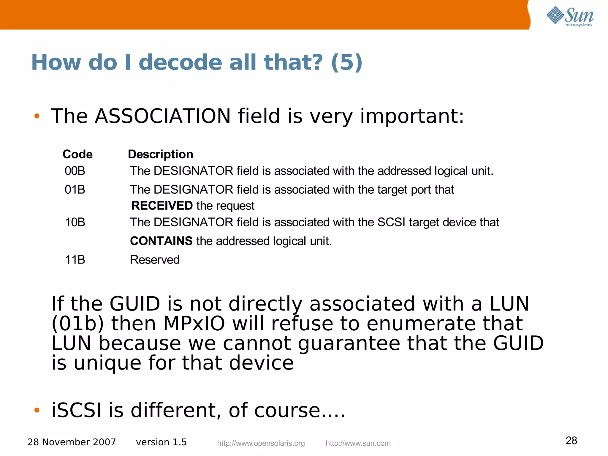How do I decode all that? (5)

 • The ASSOCIATION field is very important:
      Code         Description
      00B          The DESIGNATOR field is associated with the addressed logical unit.
      01B          The DESIGNATOR field is associated with the target port that
                   RECEIVED the request
      10B          The DESIGNATOR field is associated with the SCSI target device that
                   CONTAINS the addressed logical unit.
      11B          Reserved


    If the GUID is not directly associated with a LUN
    (01b) then MPxIO will refuse to enumerate that
    LUN because we cannot guarantee that the GUID
    is unique for that device

 • iSCSI is different, of course....
28 November 2007    version 1.5    http://www.opensolaris.org   http://www.sun.com       28
 