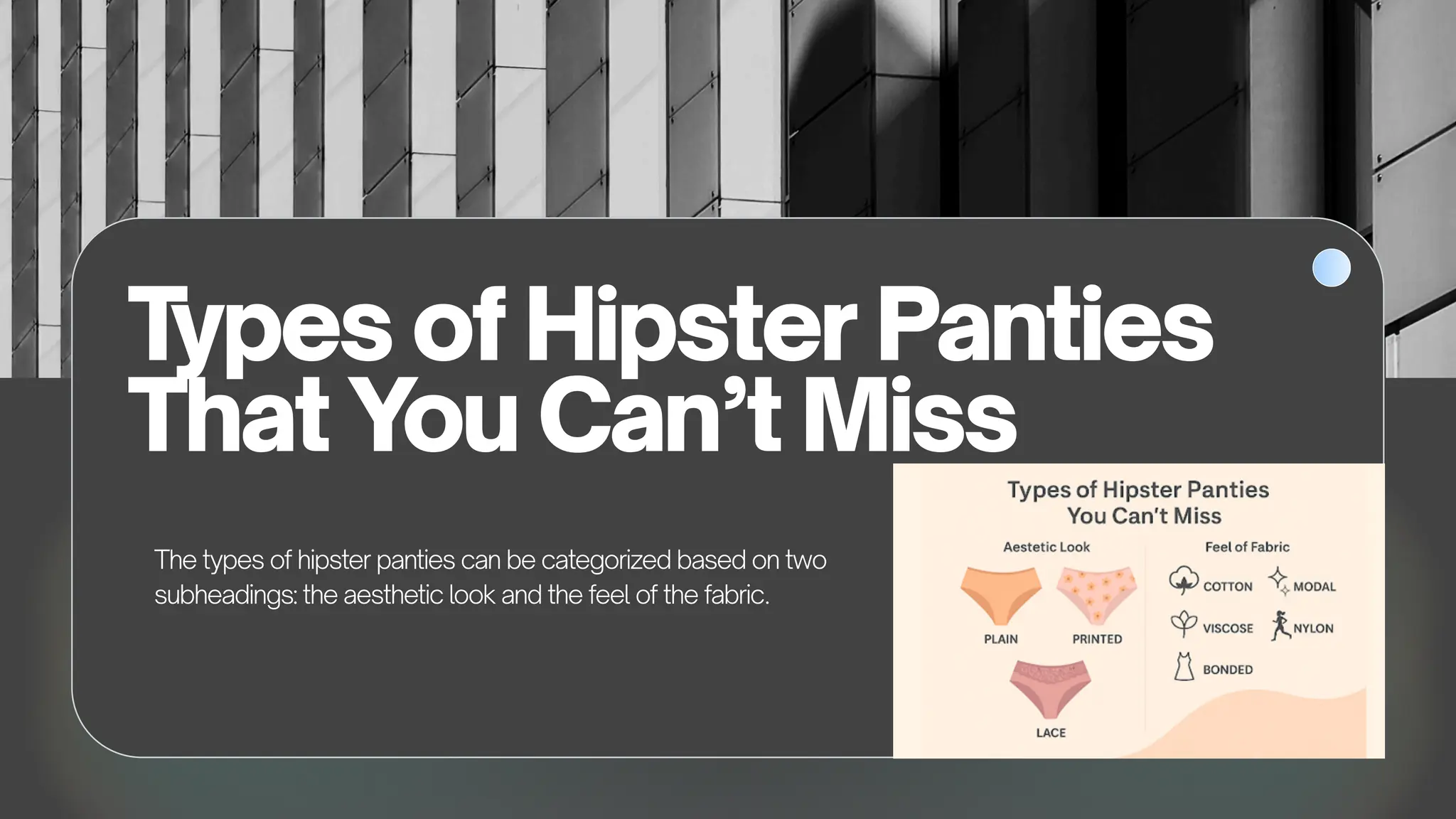 Types of Hipster Panties
That You Can’t Miss
The types of hipster panties can be categorized based on two
subheadings: the aesthetic look and the feel of the fabric.
 