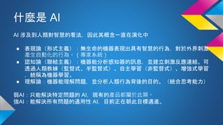 什麼是 AI
AI 涉及到人類對智慧的看法，因此其概念一直在演化中
● 表現論（形式主義）：無生命的機器表現出具有智慧的行為，對於外界刺激
產生自動化的行為。（專家系統）
● 認知論（聯結主義）：機器能分析感知器的訊息，並建立刺激反應連結。可
透過人類教練（監督式、半監督式）、自主學習（非監督式）、增強式學習
，統稱為機器學習。
● 理解論：機器能理解問題，並分析人類行為背後的目的。（統合思考能力）
弱AI：只能解決特定問題的 AI，現有的產品都屬於此類。
強AI：能解決所有問題的通用性 AI，目前正在朝此目標邁進。
 