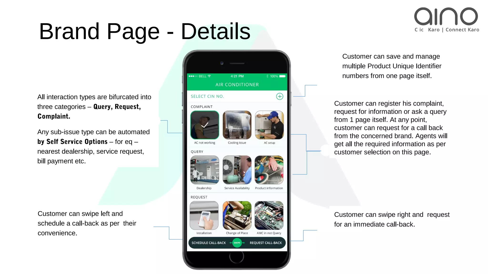All interaction types are bifurcated into
three categories – Query, Request,
Complaint.
Any sub-issue type can be automated
by Self Service Options – for eq –
nearest dealership, service request,
bill payment etc.
Brand Page - Details
Customer can swipe left and
schedule a call-back as per their
convenience.
Customer can save and manage
multiple Product Unique Identifier
numbers from one page itself.
Customer can register his complaint,
request for information or ask a query
from 1 page itself. At any point,
customer can request for a call back
from the concerned brand. Agents will
get all the required information as per
customer selection on this page.
Customer can swipe right and request
for an immediate call-back.
 