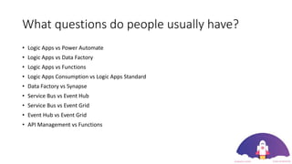 What questions do people usually have?
• Logic Apps vs Power Automate
• Logic Apps vs Data Factory
• Logic Apps vs Functions
• Logic Apps Consumption vs Logic Apps Standard
• Data Factory vs Synapse
• Service Bus vs Event Hub
• Service Bus vs Event Grid
• Event Hub vs Event Grid
• API Management vs Functions
 