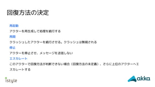 回復方法の決定
再起動
アクターを再生成して処理を続行する
再開
クラッシュしたアクターを続行させる。クラッシュは無視される
停止
アクターを停止させ、メッセージを送信しない
エスカレート
このアクターで回復方法が判断できない場合（回復方法の未定義）、さらに上位のアクターへエ
スカレートする
 
