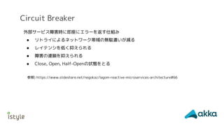 Circuit Breaker
外部サービス障害時に即座にエラーを返す仕組み
● リトライによるネットワーク帯域の無駄遣いが減る
● レイテンシを低く抑えられる
● 障害の連鎖を抑えられる
● Close, Open, Half-Openの状態をとる
参照) https://www.slideshare.net/negokaz/lagom-reactive-microservices-architecture#66
 