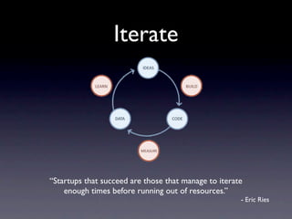 Iterate




“Startups that succeed are those that manage to iterate
    enough times before running out of resources.”
                                                      - Eric Ries
 